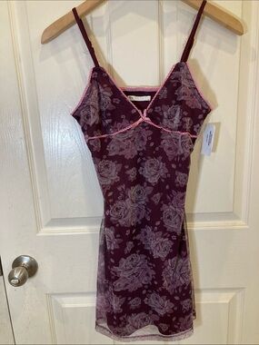 Full Tilt Plum Floral Mesh Chemise with Pink Trim